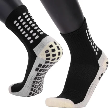 Black Football Grip Performance Athletic Socks for Men & Women | Crew Length, Anti-Slip Rubber Grip, Thick Cushion Sports Socks for Running, Gym, Training Men's Soccer Socks - Non Skid Anti Slip Socks for Football Basketball Hockey Rugby Sports